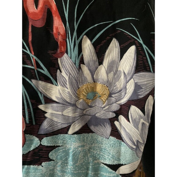 Vtg Black bomber jacket buttons flamingos lily pad flowers printed Size Medium M - Picture 11 of 16